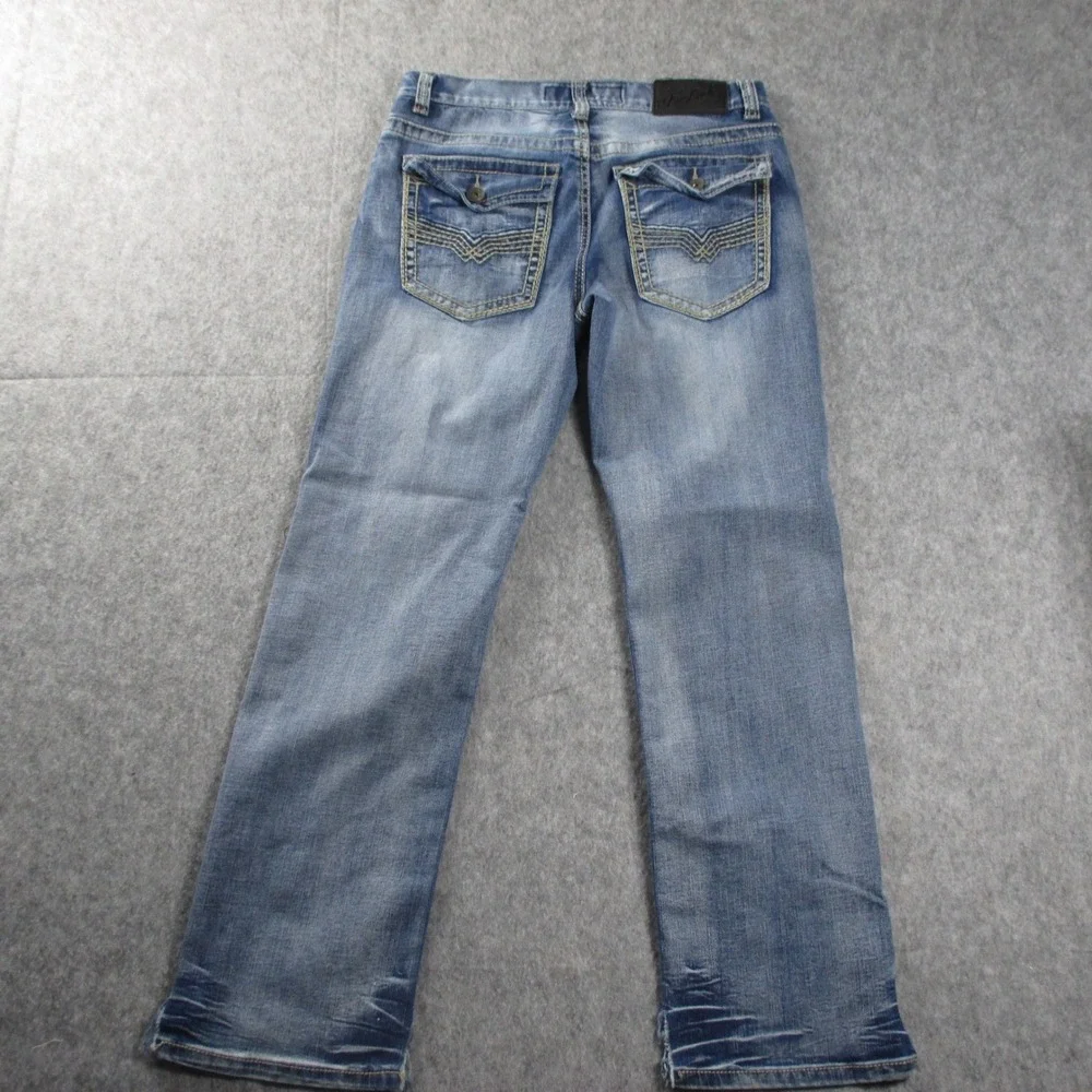True Luck Jeans Mens‎ 30x29 Straight Leg Medium Wash Whiskered Denim Jeans Blue